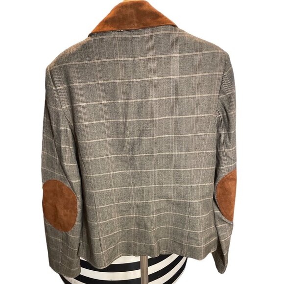 Kenar Brown Plaid Suede Leather Trim Elbow Pads Single Button Blazer Sz 8 - Picture 2 of 10